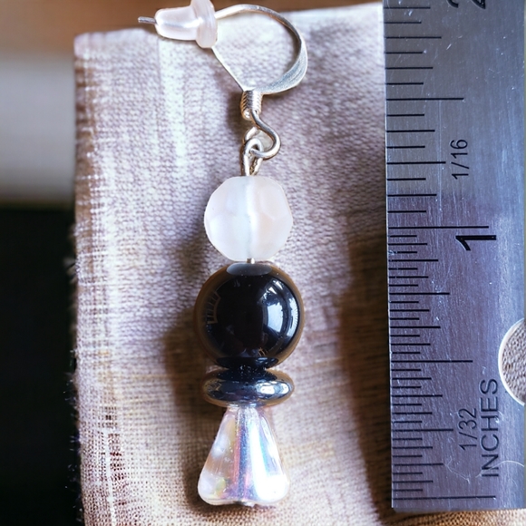 Frosted Crystal & Black Beaded Handcrafted Earrings - Picture 7 of 8